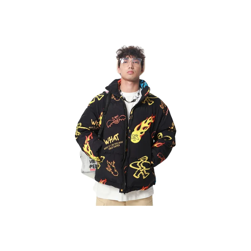PJ's Vigor Hand Drawn Stand Collar Loose Fit Thickened Puffer Jacket Unisex-3