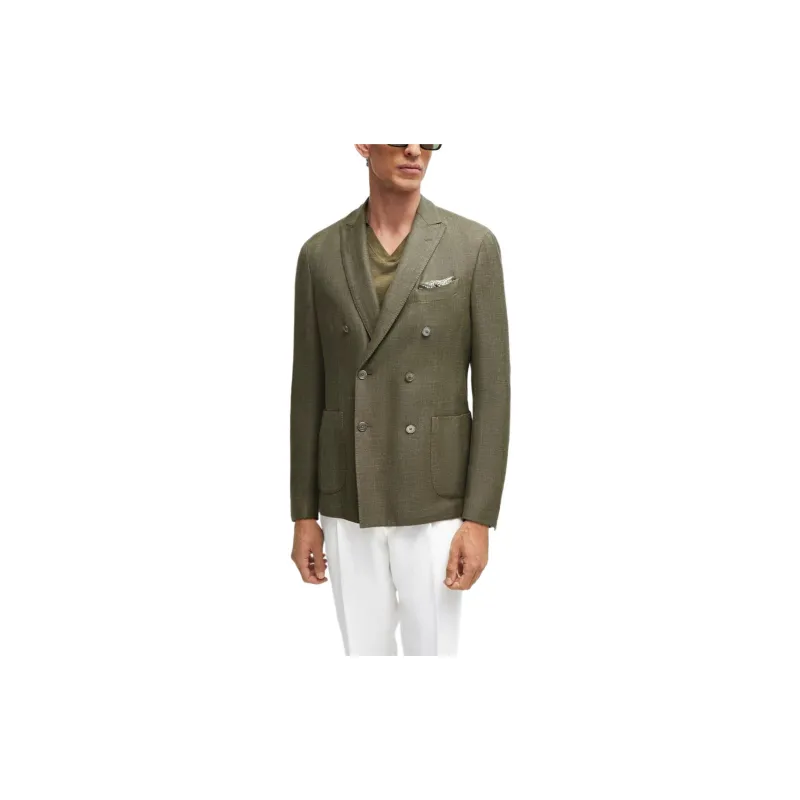 HUGO BOSS Slim-Fit Jacket In Wool Silk And Linen Jackets Coats Men's Dark Green-1