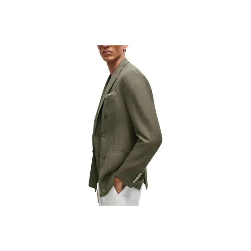 HUGO BOSS Slim-Fit Jacket In Wool Silk And Linen Jackets Coats Men's Dark Green-3