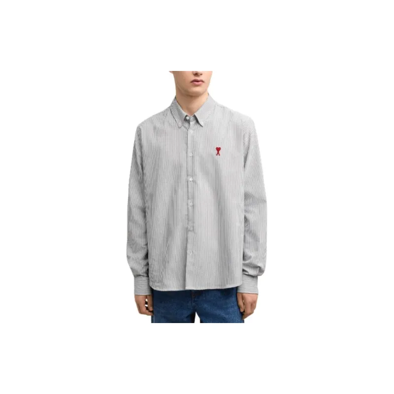 Ami Paris Ami De Coeur Logo Embroidered Pinstriped Shirt-5