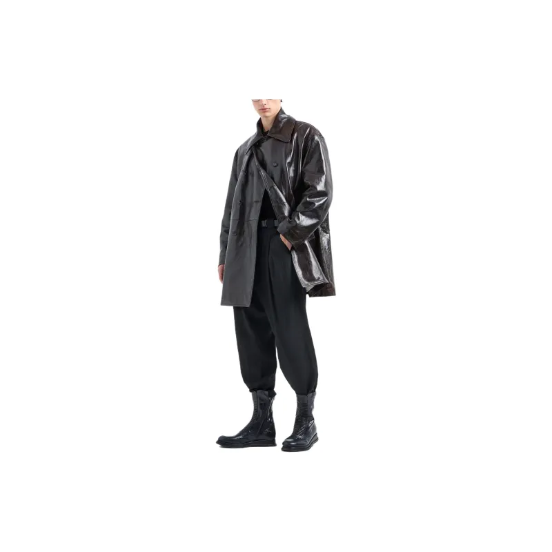GIORGIO ARMANI Leather Double Breasted Long Sleeved Coat-2