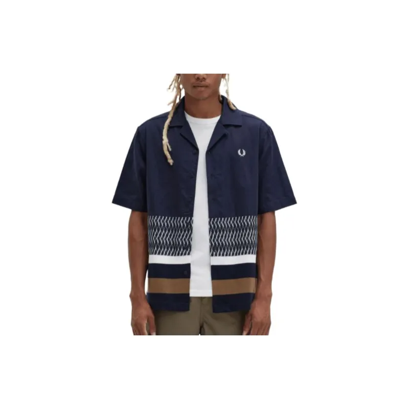 FRED PERRY Knitted Panel Revere Collar Shirt Shirt Men's Marine Blue-4