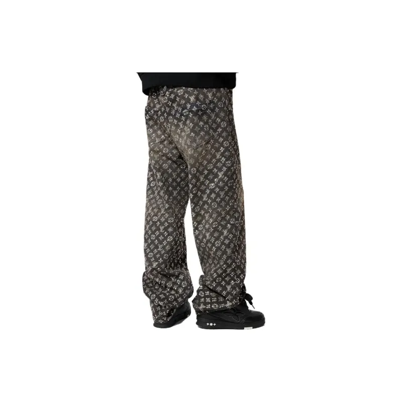 LOUIS VUITTON Made To Order Embroidered Monogram Baggy Denim Pants-4