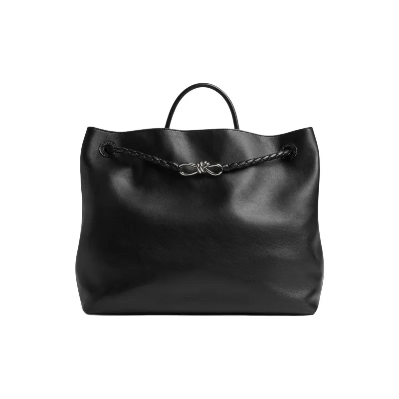 Bottega Veneta Silky Cow Leather Handbag Tubas Women's Black-4