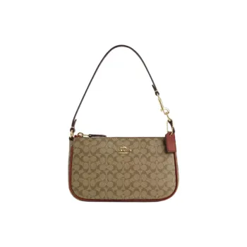 COACH Nolita Coated Canvas With Smooth Leather Wrist Bags Clutches Small Size Women's Khaki & Earth Tone Red
