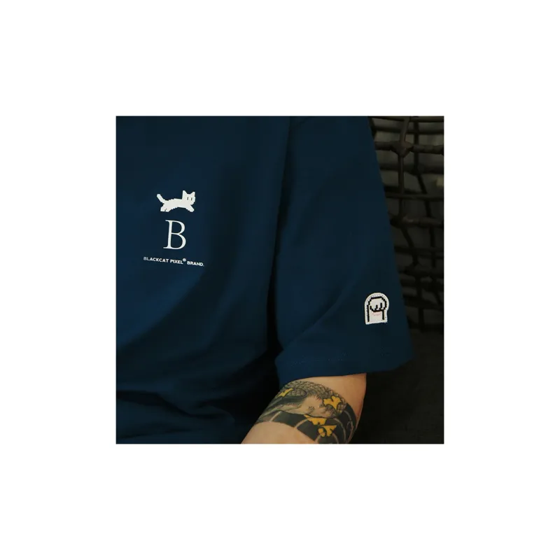 Black Cat Pixel T Shirts Unisex Fjord Blue-3