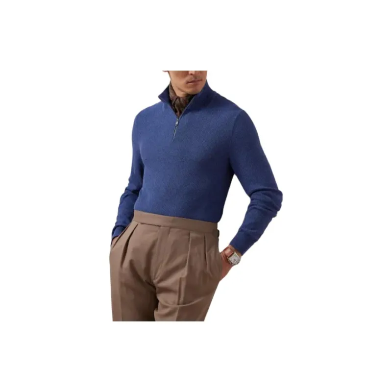 Polo Ralph Lauren SS24 Textured Silk-Cotton Quarter-Zip Sweater Sweater Men's Blue-1