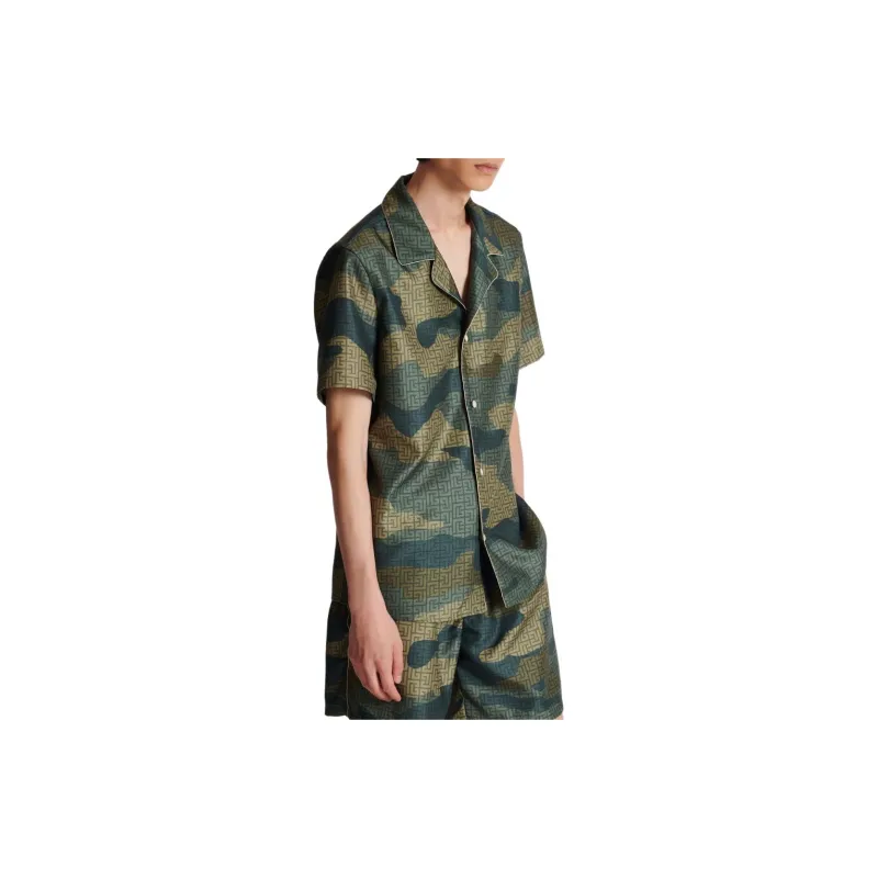 BALMAIN Camouflage Monogrammed Shantung Short-Sleeved Shirt-5