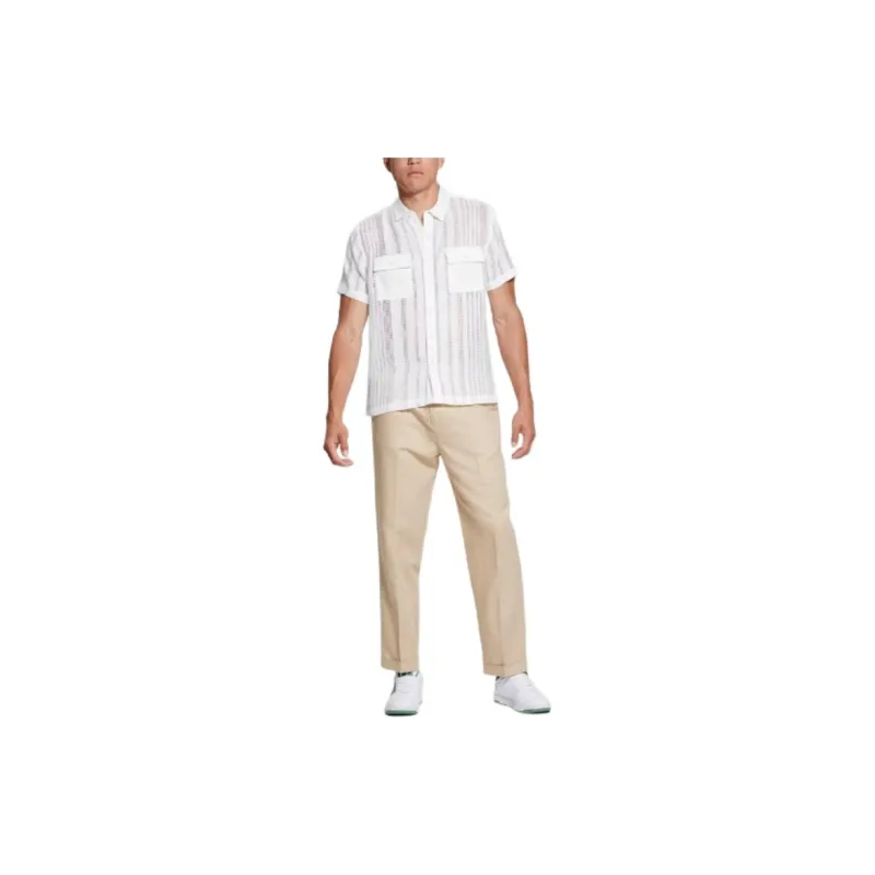 GUESS FW23 City Mesh Striped Short-Sleeve Shirt Shirt Men's White-1