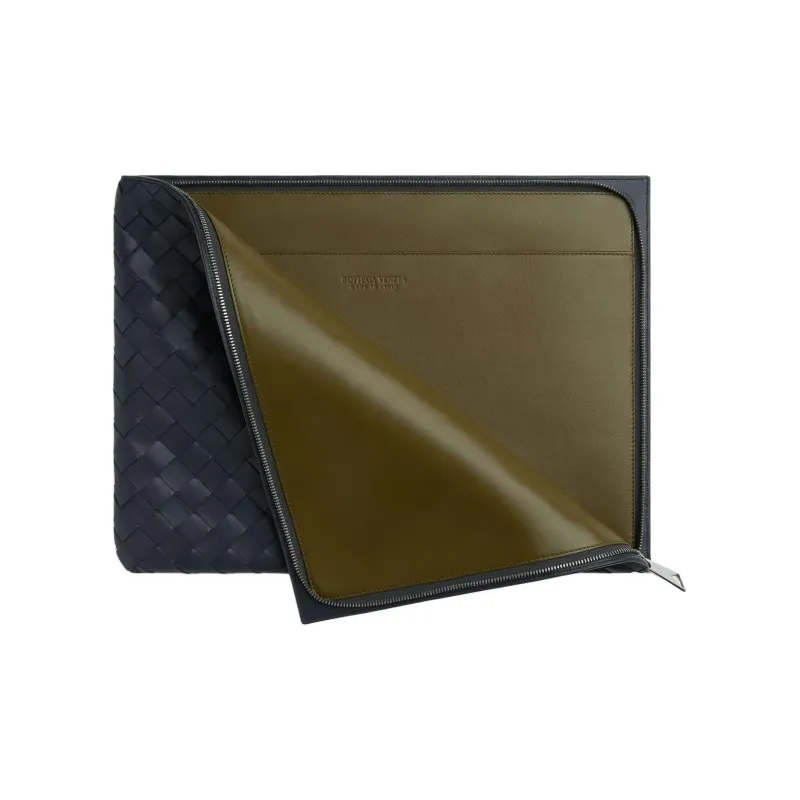 Bottega Veneta Calfskin Clutch Men's Dark Blue & Olive Green-1