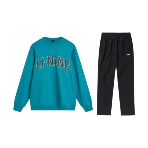 LINING Weekend Youth Casual Sportswear Unisex Set Turquoise Sweatshirt+Black Pants