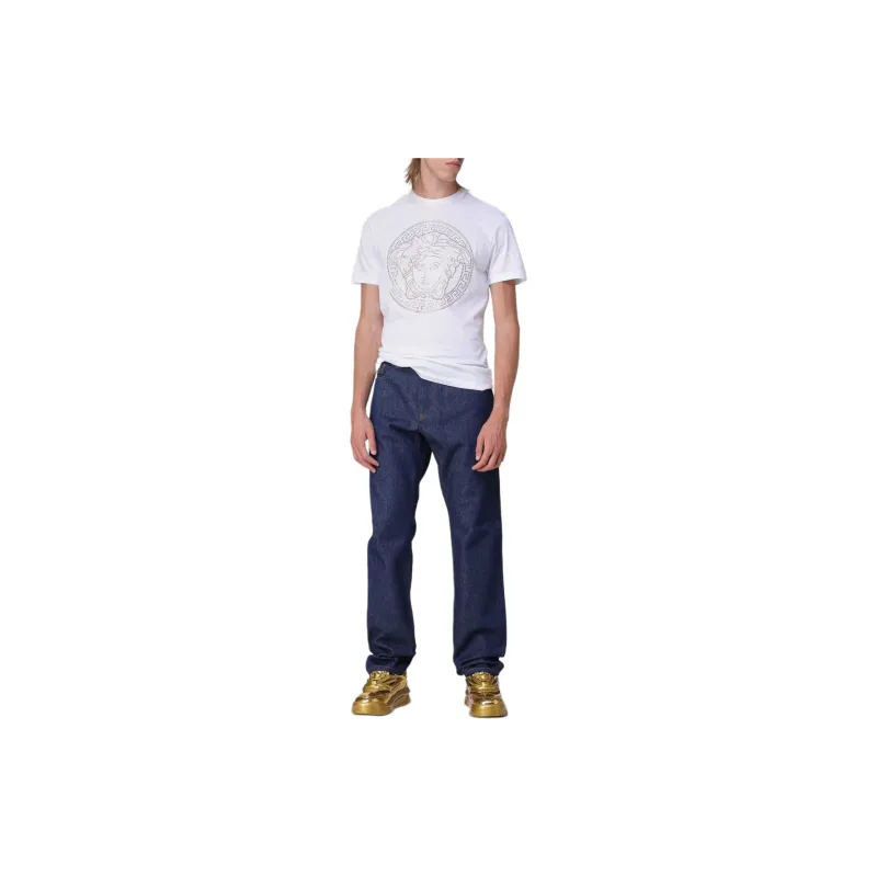 VERSACE Crew Neck Short Sleeved Rhinestone Print Pullover Short Sleeved T Shirt Men's White-2