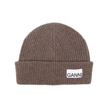 GANNI Logo Patch Turn-Up Brim Ribbed Beanie