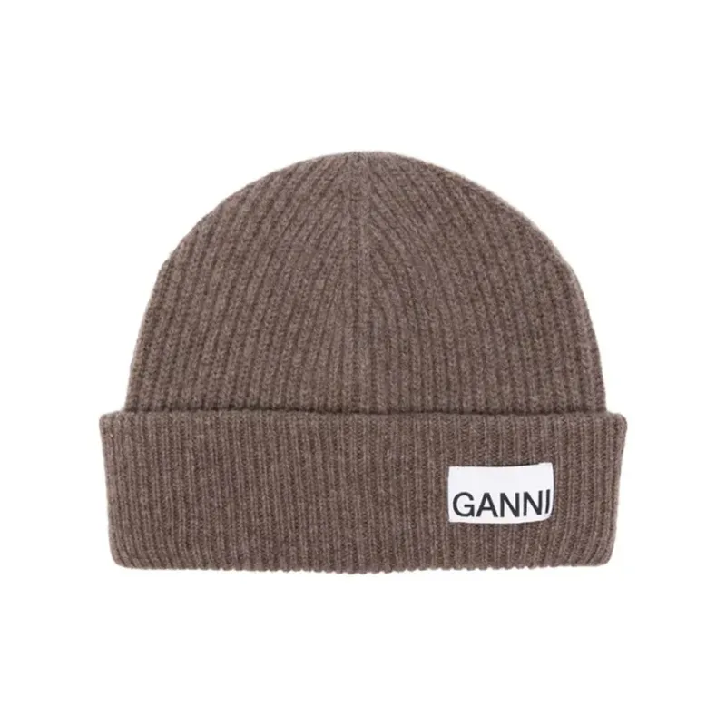 GANNI Logo Patch Turn Up Brim Ribbed Beanie-0