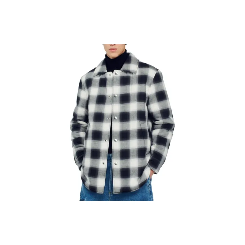 Sandro Quilted Checked Jacket Shirt Men's Black-5