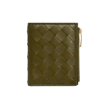 Bottega Veneta Intrecciato Calfskin Combined With Lambskin Wallet Small Size Women's Olive Green