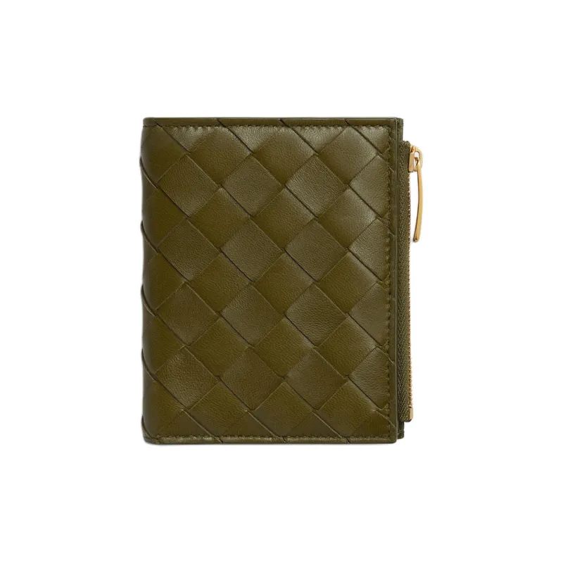 Bottega Veneta Intrecciato Calfskin Combined With Lambskin Wallet Small Size Women's Olive Green-0