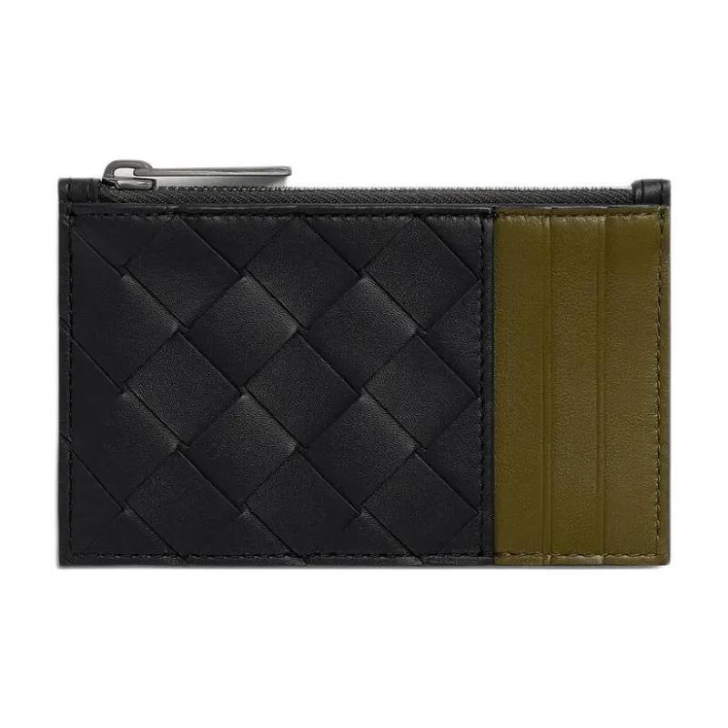 Bottega Veneta Intrecciato Cow Leather Card Holder Men's Shadow Gray With Olive Oil Color-0