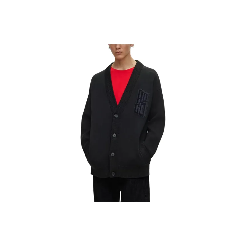 HUGO BOSS Cotton Blend Relaxed Fit Cardigan With Stacked Logo Knitwear Men's Black-2