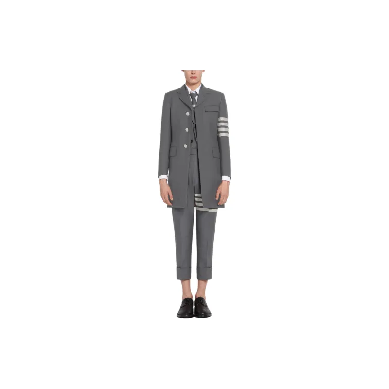 THOM BROWNE· Medium Grey Plain Weave Suiting High Armhole 4 Bar Overcoat Coats Coat Men's Medium Gray-3