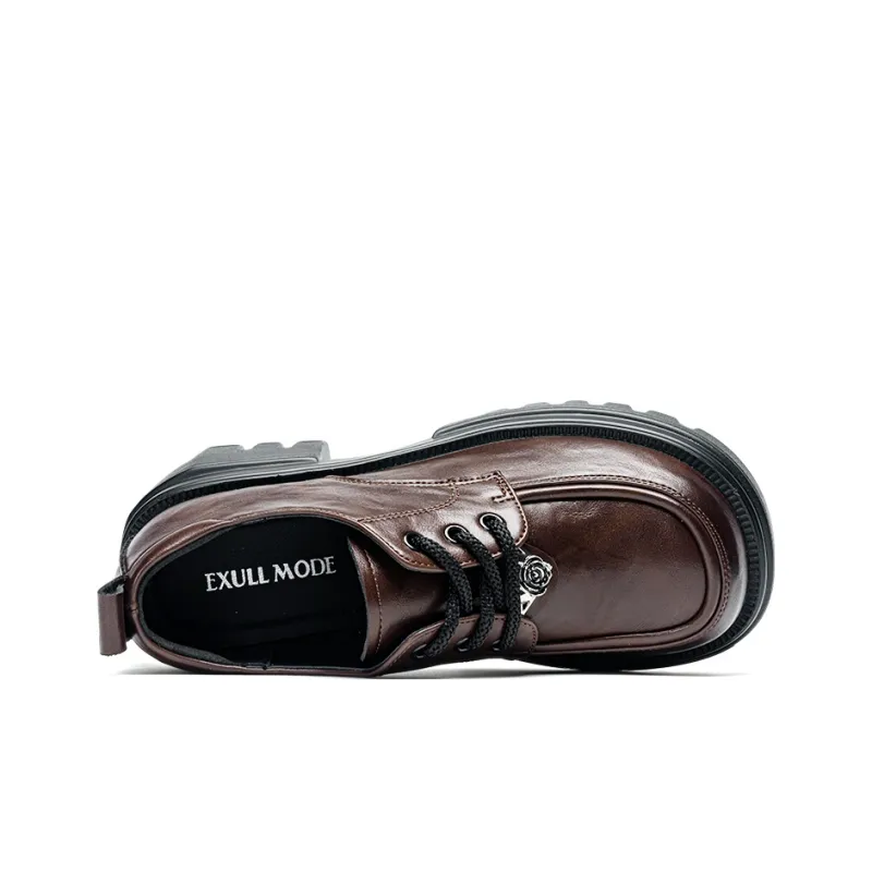 EXULL Q Round Tip British Style Loafers Casual Single Shoes 6CM Women's Dark Brown-2