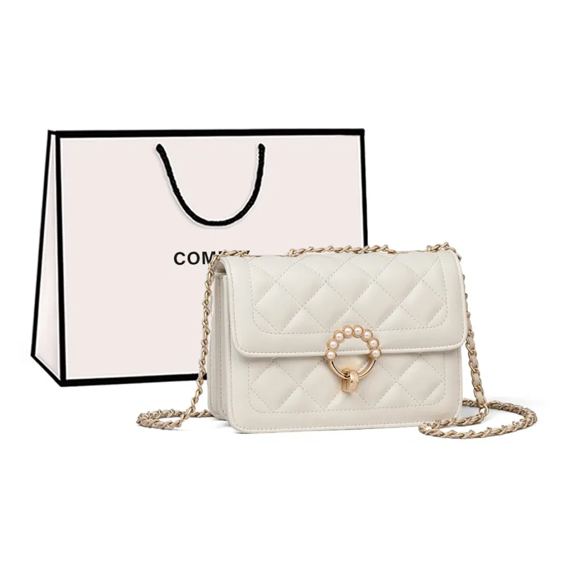 COMELY Cow Leather With Synthetic Leather Small Square Bag Shoulder Bag Women's Milkshake White-0
