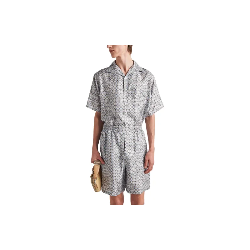PRADA Short Sleeved Printed Silk Shirt Men's Light Blue-2