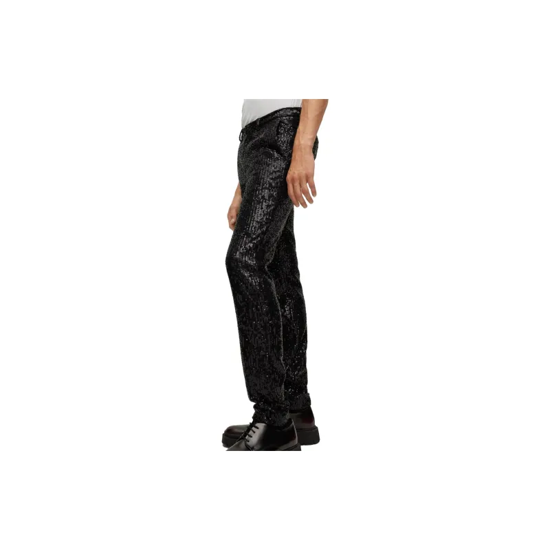 HUGO BOSS Trousers In Sequinned Performance Stretch Satin Casual Pants Men's Black-3