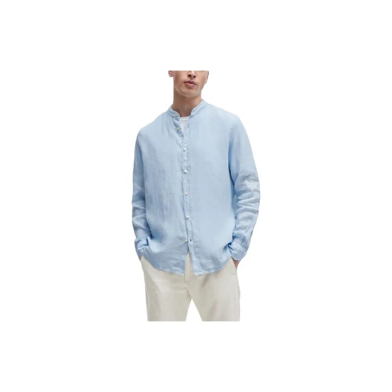 HUGO BOSS Regular Fit Shirt In Linen Canvas Shirt Men's Blue-2