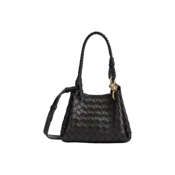 Bottega Veneta Intrecciato Woven Leather Handbag, Shoulder Bag Small Size Women's Black