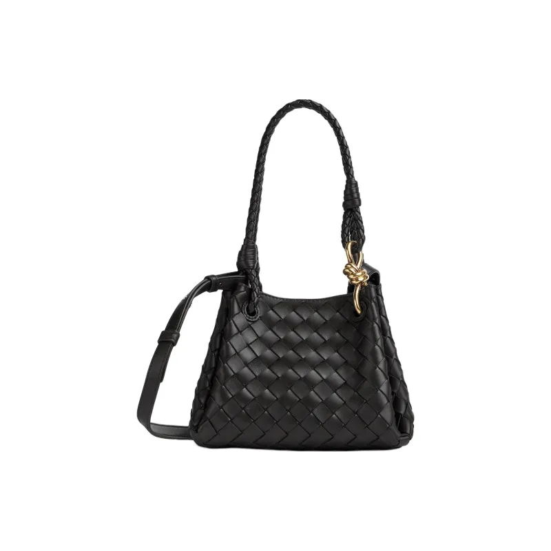 Bottega Veneta Intrecciato Woven Leather Handbag, Shoulder Bag Small Size Women's Black-0