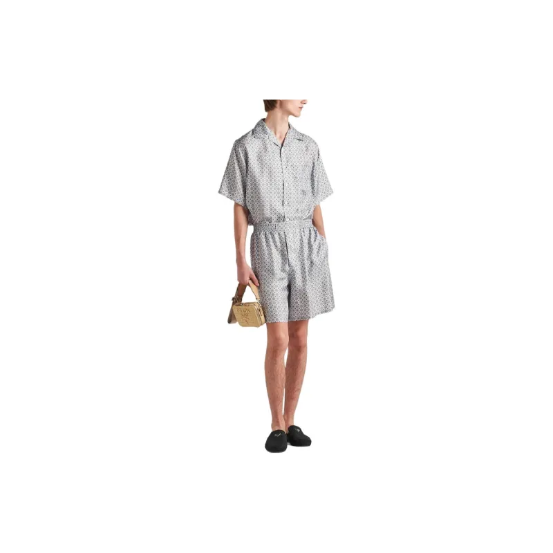 PRADA Short Sleeved Printed Silk Shirt Men's Light Blue-1