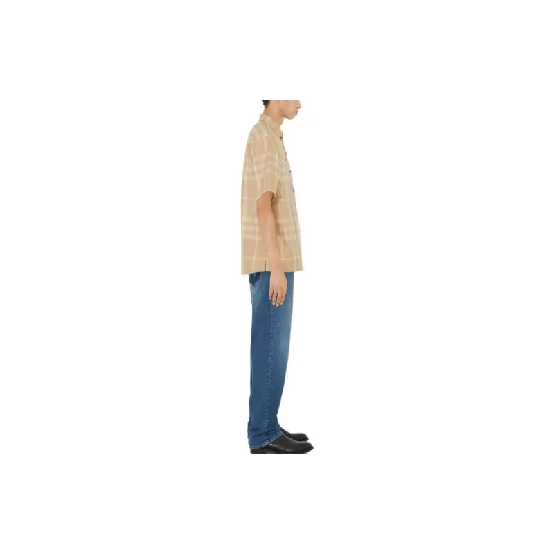 Burberry SS23 Check Stripe Single-Breasted Collar Short Sleeve Shirt Beige-3