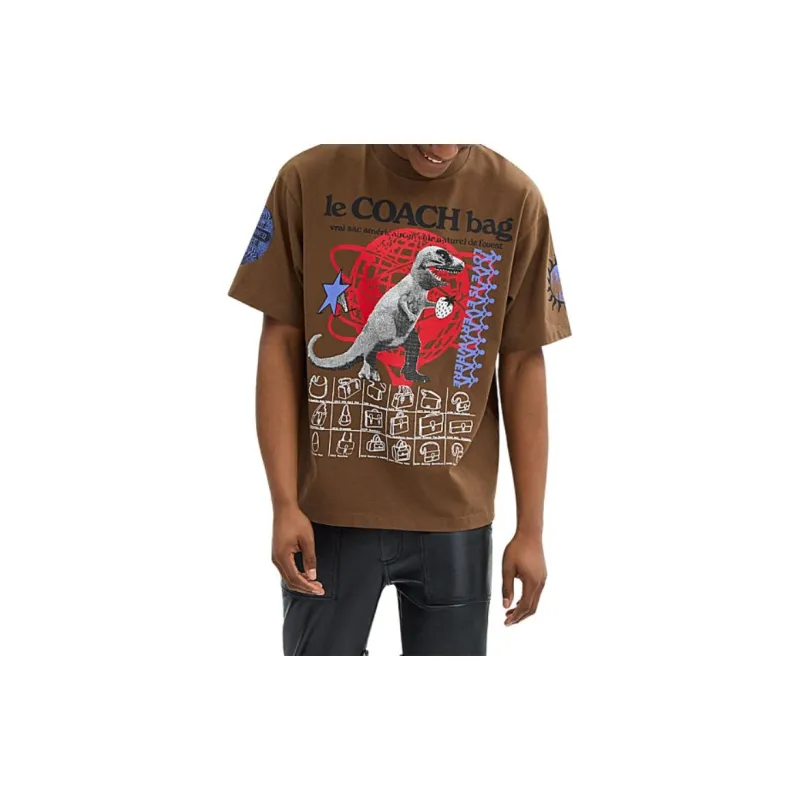 COACH Letter Logo Print Crew Neck Short Sleeved T Shirt T Shirt Men's Umber-1