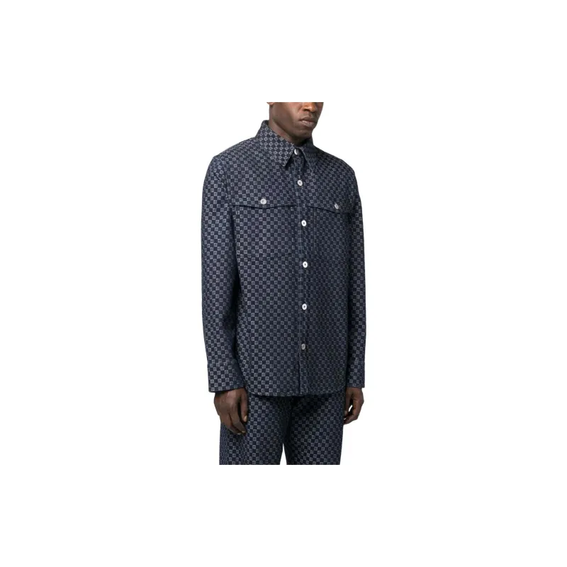BALMAIN Monogram Jacquard Curved Hem Denim Shirt-3