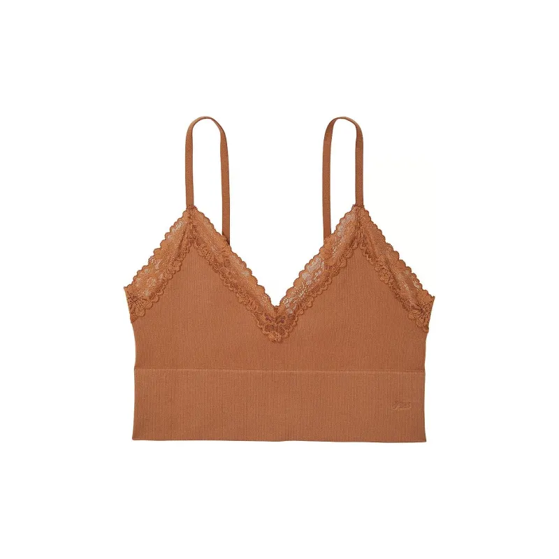 Victoria's Secret PINK Bralette Tops Seamless Rib Unlined Longline Lette/ Bra Women's Caramel-0