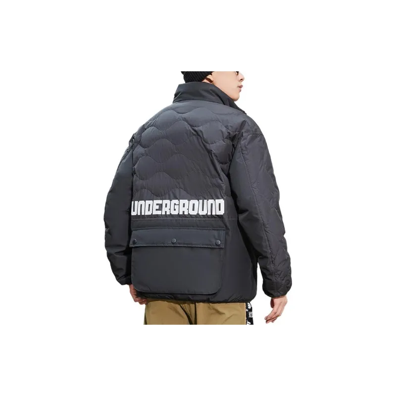 PEAK Solid Color Stand Collar Fitted Thickened Mid Length Down Jacket Men's Black-3