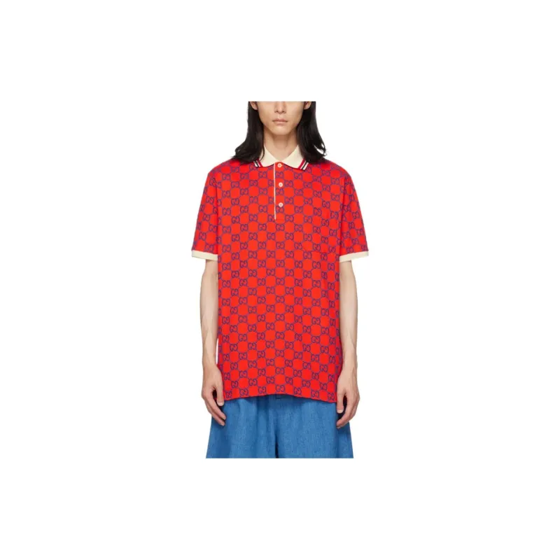 GUCCI Cotton Piquet Polo With Gg Polo Shirt Men's Red-1
