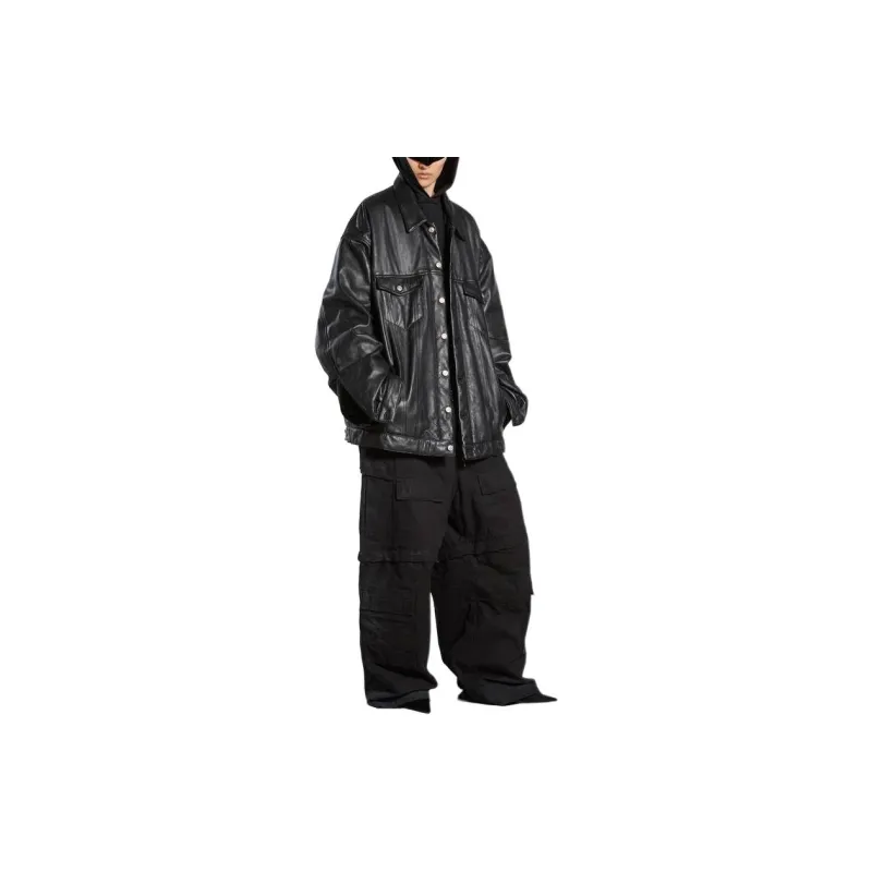 Balenciaga Leather Jacket Loose Fit Style Unisex Black-2