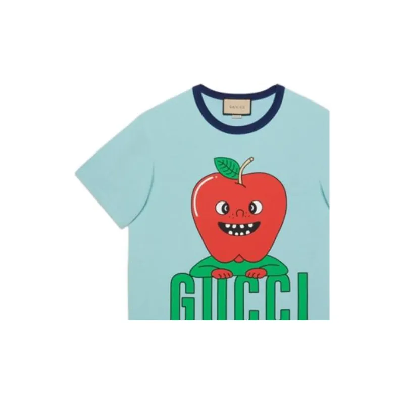 GUCCI Logo Print Crew Neck Short-Sleeved T-Shirt T-Shirt Unisex Light Blue-4