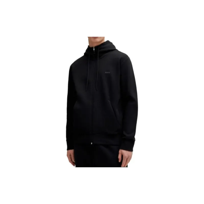 HUGO BOSS Stretch Cotton Zip Up Hoodie With Logo Print Jackets Coats Men's Black-2