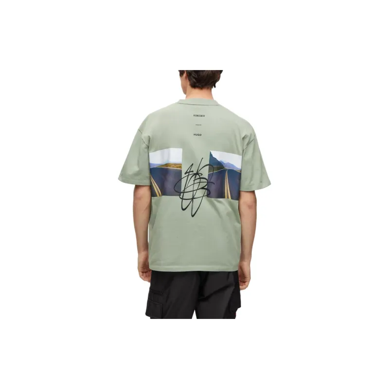 HUGO BOSS Oversized Fit Cotton T Shirt With Streetwear Artwork T Shirt Men's Green-2