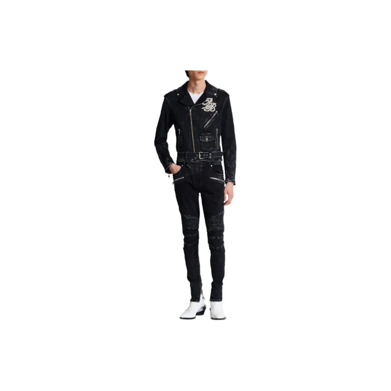 BALMAIN B Logo-appliqué Denim Biker Jacket-1