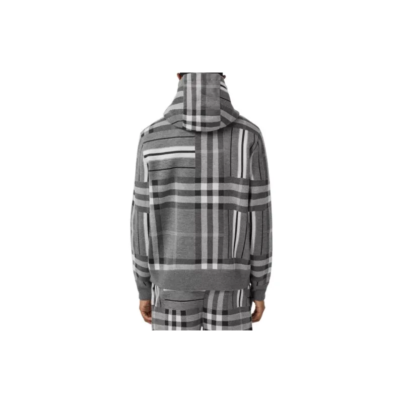 Burberry FW22 Check And Stripe Wool Blend Jacquard Hoodie Dark Grey Melange-2