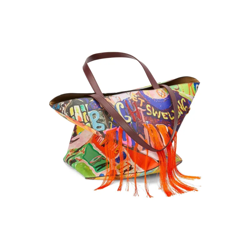 LOEWE Cow Leather Tote Bag Shopping Bag Handbag Extra Large Women's Dark Burgundy Red & Multicolor-2