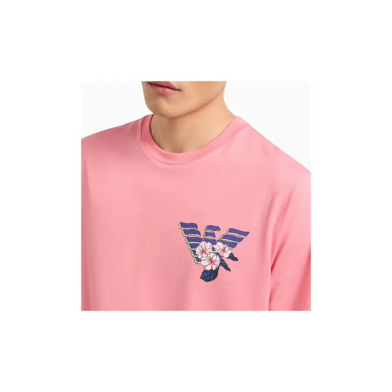 EMPORIO ARMANI Floral Letter Logo Print Crew Neck Short Sleeved T Shirt Men's Pink-4