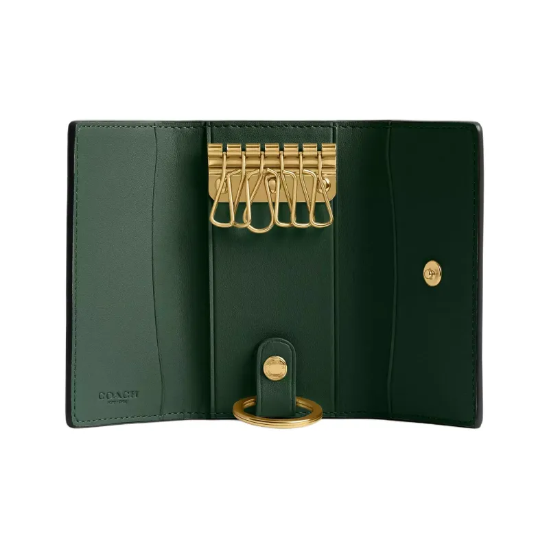 COACH Key Case Polished Pebbled Leather Key Pouch Women's Hunter Green-1