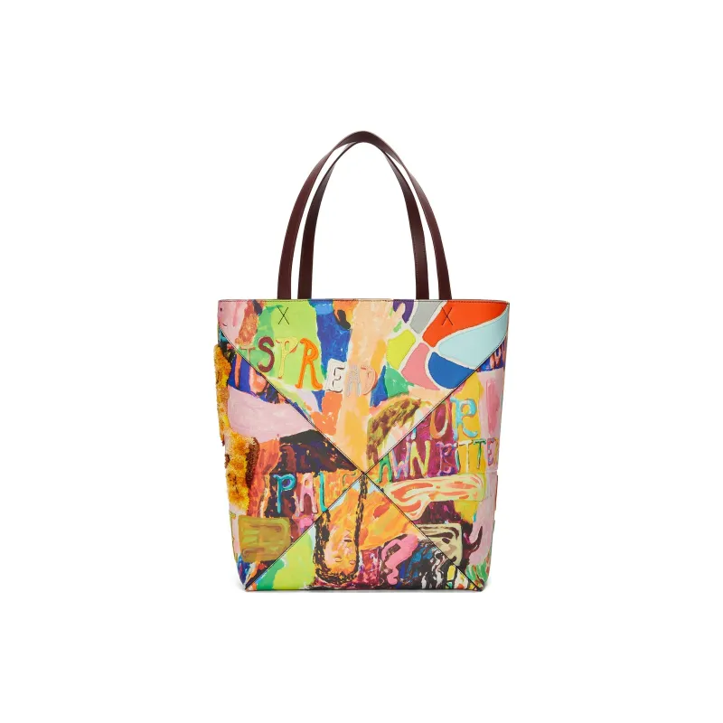 LOEWE Cow Leather Tote Bag Shopping Bag Handbag Extra Large Women's Dark Burgundy Red & Multicolor-4