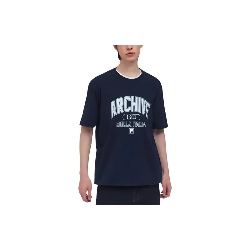 FILA Drop Shoulder Sleeve T Shirt Unisex Navy Blue-5