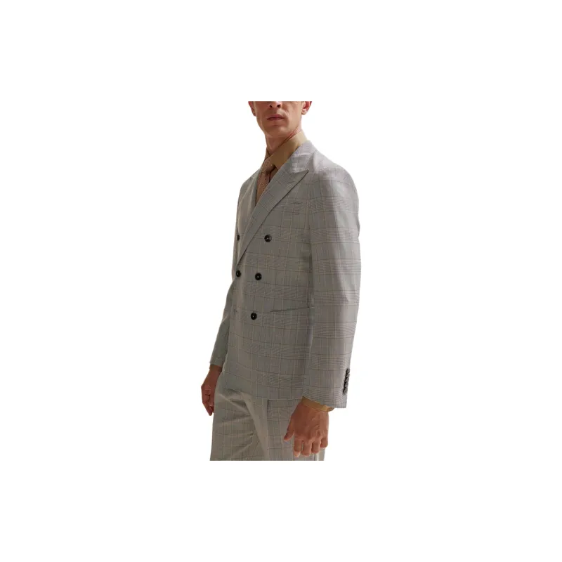 HUGO BOSS Double-Breasted Slim-Fit Suit In Checked Virgin Wool Business Suits Men's Gray-3